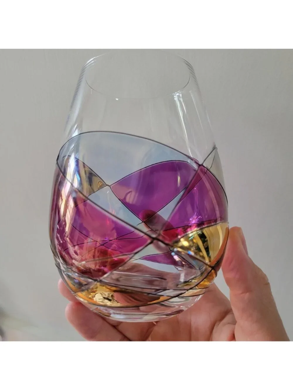 Cornet Barcelona Sagrada Handpainted Stemless Wine Glass Multicolor Geometric